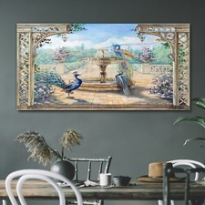 Leinwand Bild Wandbild Canvas 120x60 Gemälde Abstrakte Brunnen Pfauen Blumen