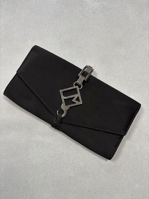 Jill Milan Black Satin Envelope Clutch Bag Made in Italy Logo Chain