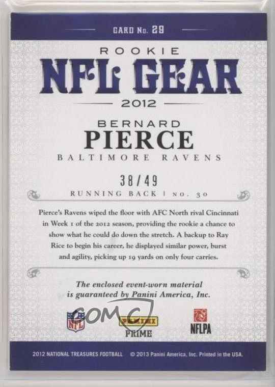 2012 Panini National Treasures Dual Materials Prime /49 Bernard Pierce Rookie RC - Image 2 of 2
