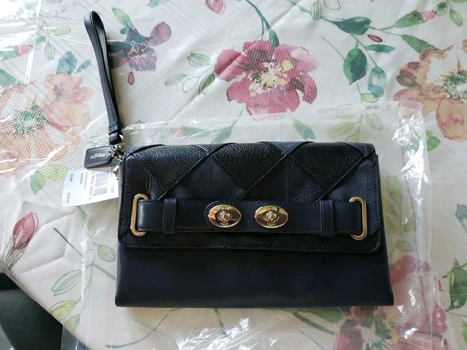 New Coach Morgan Navy Blue Diamond Patchwork Satchel Bag & Blake Clutch $920  - Image 2 of 4