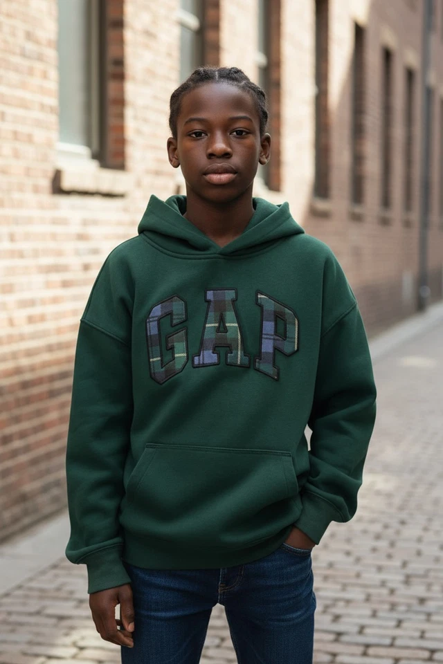 Sudadera con capucha verde con logotipo a cuadros relajado suave vintage unisex para niños Gap Foto 4 de 4