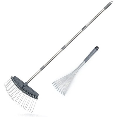 Adjustable Yard Thatch Rake 17-63 Inch Handle with 24 Wide Metal Tines
