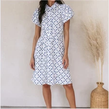 ALEXIS Target Isaias Dot Tulip Sleeve Embroidered Shirt Dress in White Blue XS