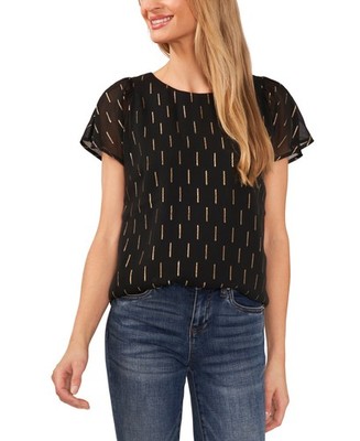 CeCe Crewneck Gold Flutter-Sleeve Blouse Women's S Rich Black Button Closure