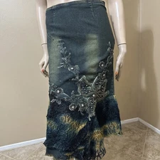 Women’s Greenish Denim Cotton Stretch Boho Beads Lace Zip Size S(4-6) Skirt 3492