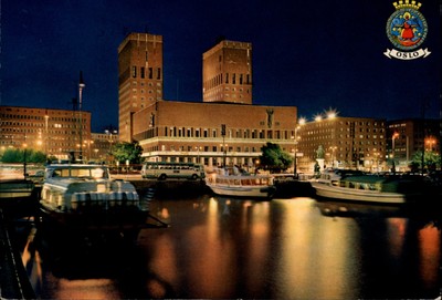 Oslo City Hall Oslo Norway vintage postcard night posted 1989 b986