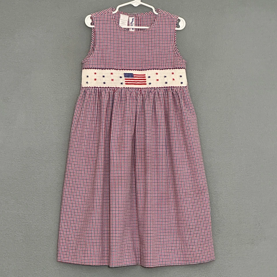 Vestido Vintage Niñas 6 Rojo Azul Guinga Calado Bandera Americana Estrellas Patriótico Foto 2 de 4