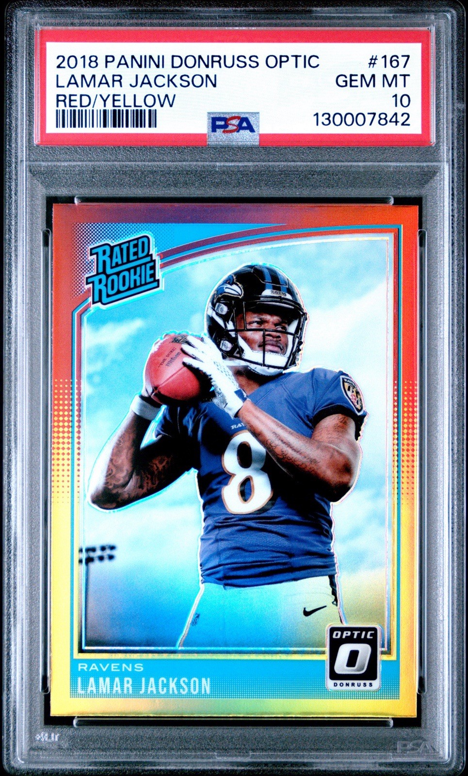 2018 Donruss Optic Rated Rookie Lamar Jackson #167 Red Yellow Prizm (RC) PSA 10