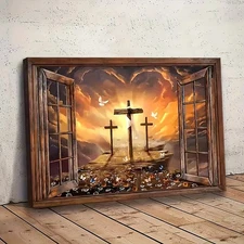 Christian Wall Art, Three Crosses Sunrise Window View Canvas, Easter He Is Risen
