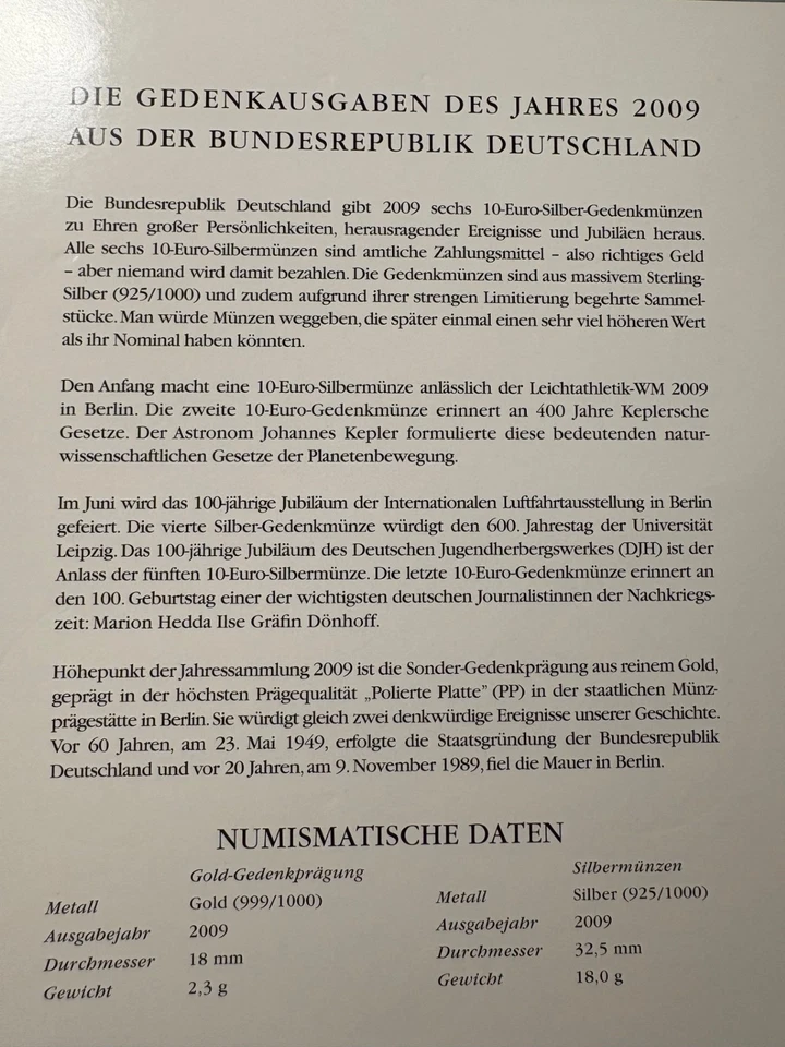 Biete 6 10 Euro Silbermünzen 925/1000 des Jahres 2009 in aufwänd. Präsentatiosm. - Bild 3 von 3
