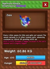 Nightmare Huge Rainbow Hatched Dilophosoraus Dilo 60.86Kg Grow a Garden Age 100