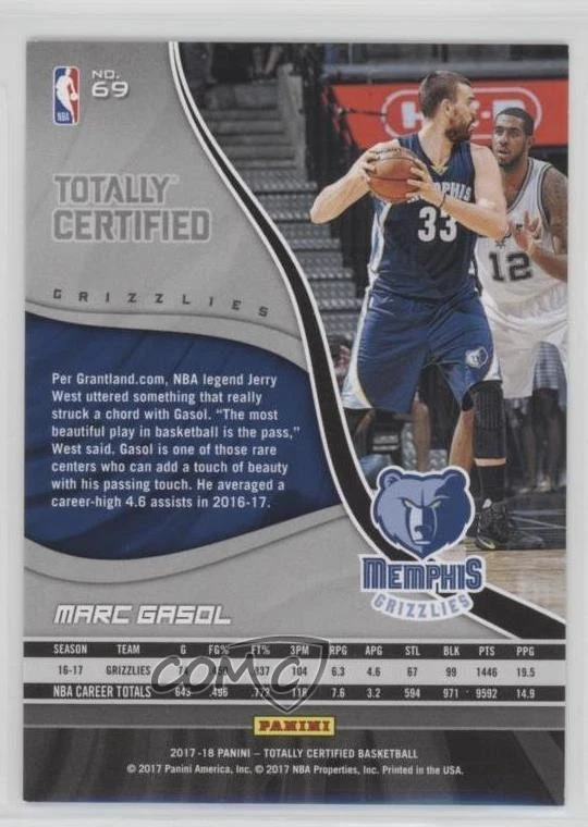2017-18 Panini Totally Certified Blue /99 Marc Gasol #69 - Image 2 of 2