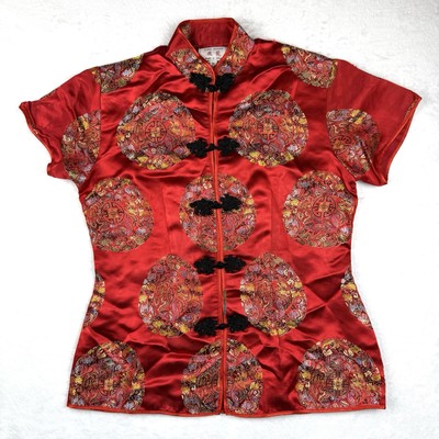 Flying Dragon Woman s Top Red Geometric Toggle Closure Snaps Short Sleeves