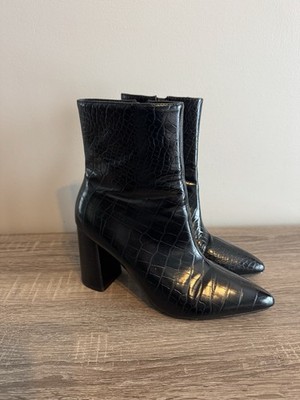 RAID Black Croc Embossed Pointed Toe Block Heel Ankle Boots Sz 6