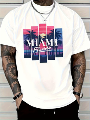 Men' 100% Cotton 180g T-Shirt with Miami Florida Palm Trees & Sunset Print