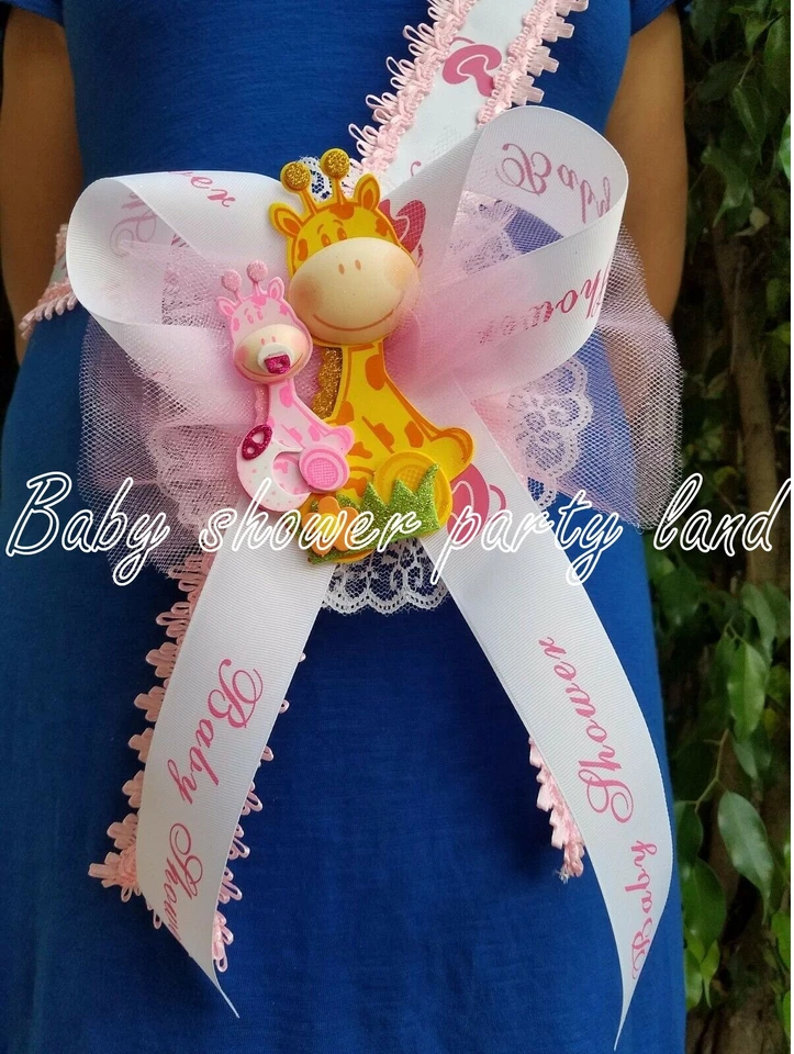 Faja de jirafa Baby Shower Mom To Be It's a Girl rosa cinta de safari ramillete Noah's Foto 3 de 4