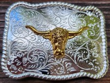 NEW 3-D BULL HEAD LONG HORN SILVER GOLD WESTERN RODEO COWBOY BELT BUCKLE