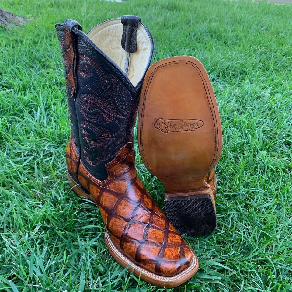 Men's Genuine Cowhide Leather Piraruco Fish Print Square Toe ...