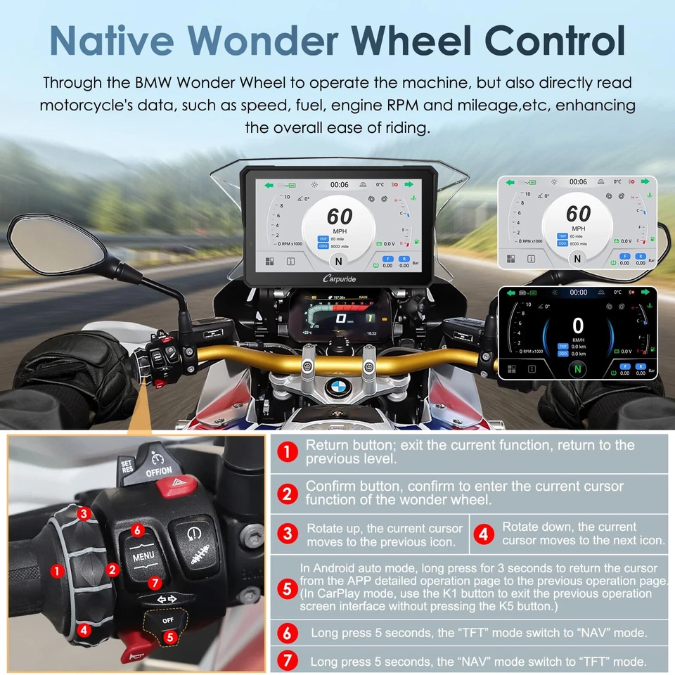 Carpuride W702BS Moto Carplay Schermo BMW Wonder Wheel Senza Fili Android Auto - Image 2 of 4