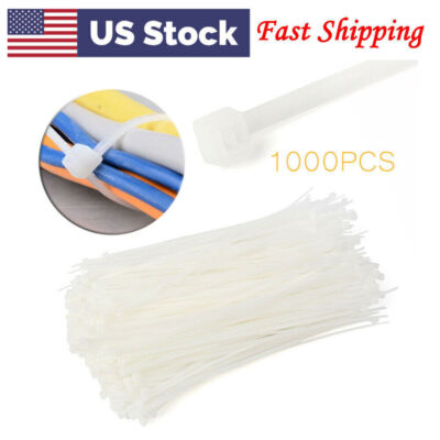 8'' inch 1000 PCS Pack Network Cable Cord Wire Tie Strap Zip Nylon White US Store