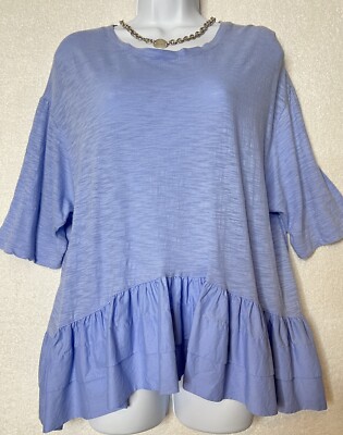 Akemi + Kin Anthropologie Peplum Ruffle Cotton Burnout Top Blue Oversized XS New