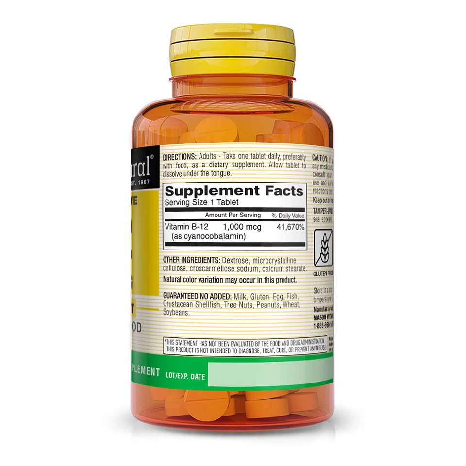 Mason Natural Vitamina B12 1000 mcg con liberación extendida de calcio - 200 comprimidos Foto 2 de 4