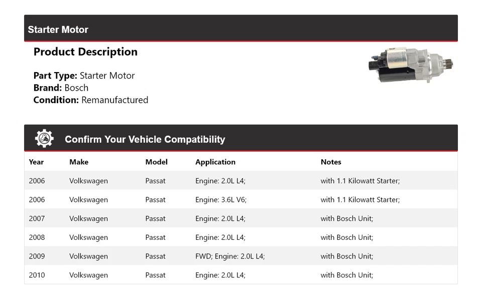 Arranque para Volkswagen Passat Bosch 2006-2010 (remanufacturado) 2007 2008 2009 Foto 2 de 4