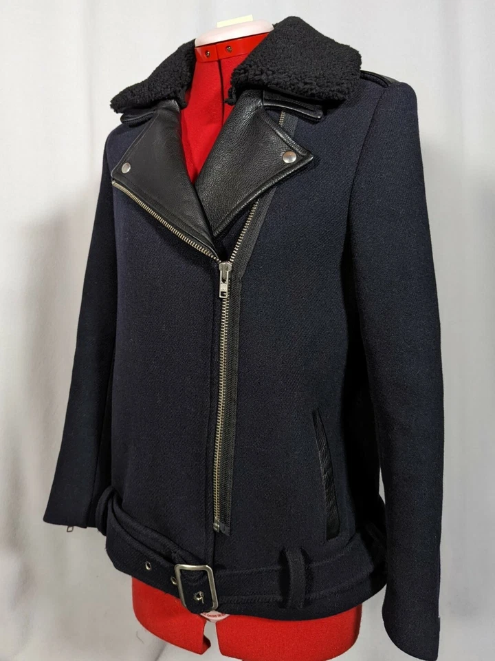 Chaqueta de moto Sandro otoño 2013 cuero oveja cuello piel lana 38 Francia Foto 2 de 4