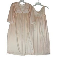 Vintage JCPenney Nightgown  Robe Set Size Small Peach Nylon Lace Trim USA