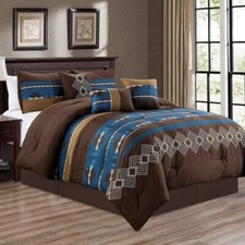 Navy Blue Coffee Brown Southwestern Navajo 7 pc Comforter Set Queen King Bedding