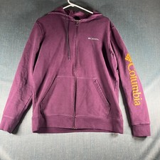 Columbia Unisex Hoodie Size M Burgundy Ribbed Graphic Kangaroo Pocket Full Zip