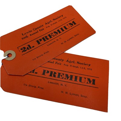 Antique 1915 Lewis County Fair Lowville New York Entry Tags Tickets Lot Of 2