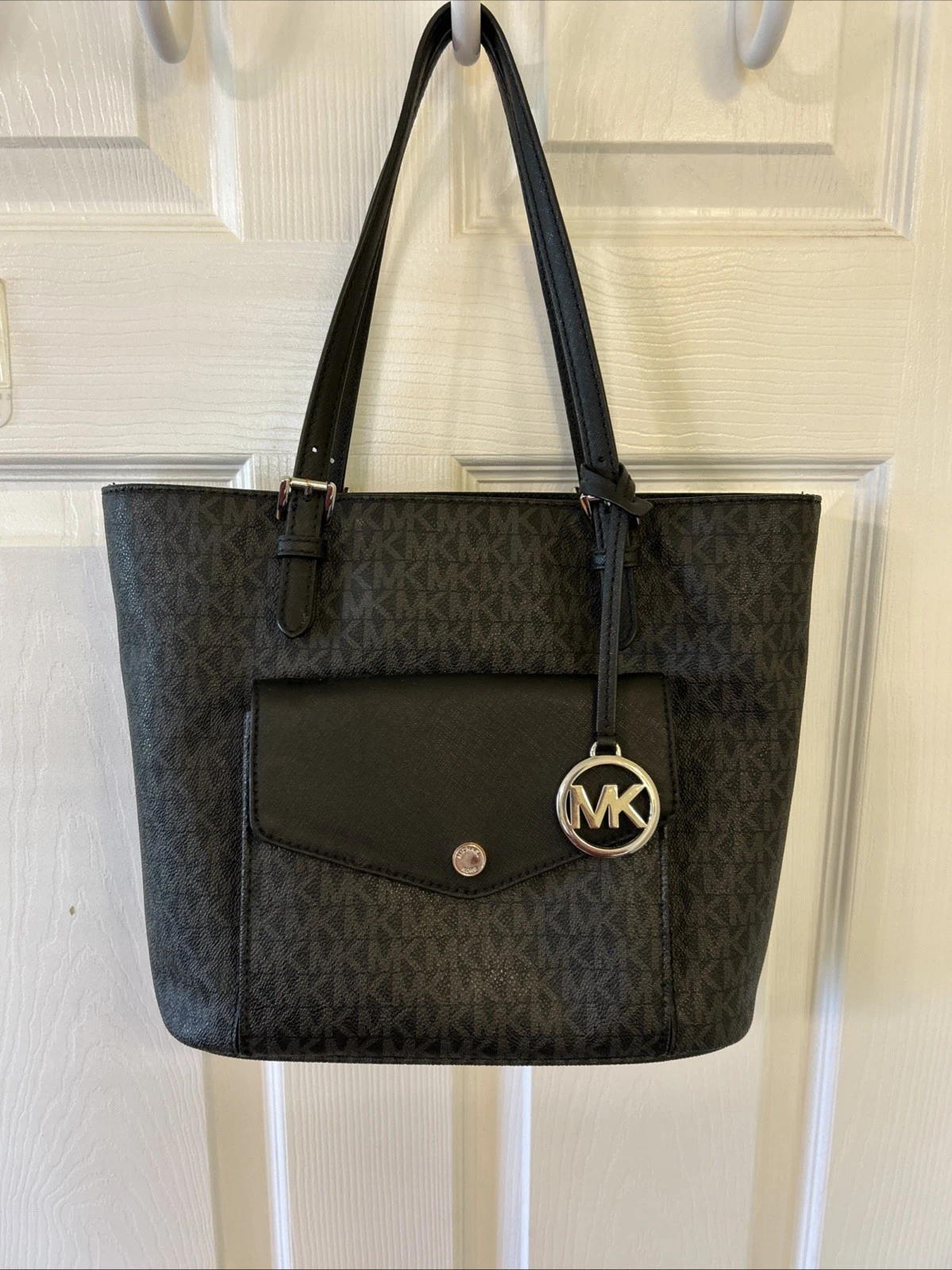 Michael Kors Black Leather MK Printed Pocket Double Handle Satchel Bag