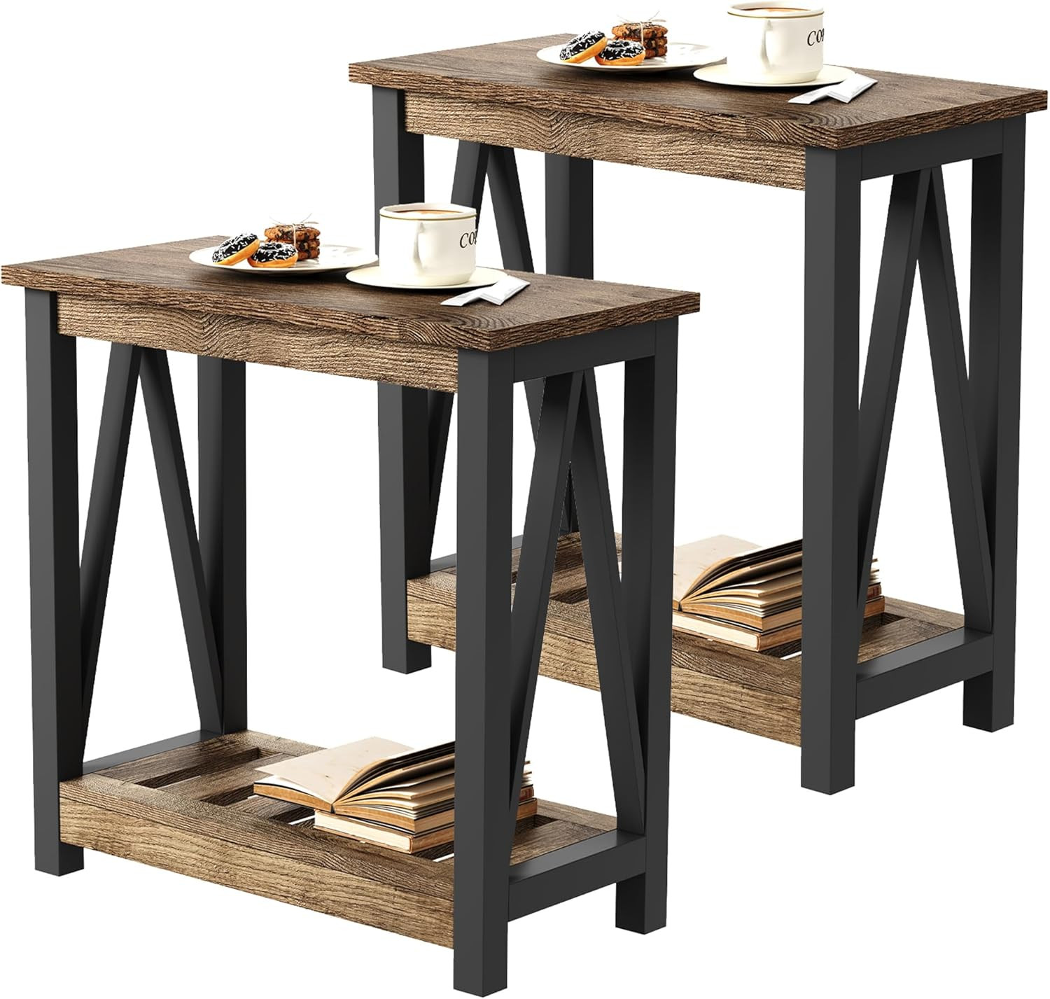 Farmhouse End Table Set of 2, Rustic Vintage Narrow End Side Table with Storage
