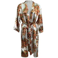 NWOT Kimono Robe Womens Large White Silky Orange Fall Floral Autumn Flowers