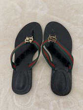Gucci Women's GG Web Stripe Thong Sandals Flip Flops Slides Black Size 40