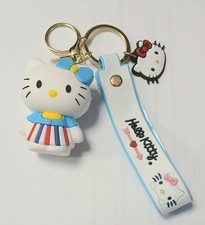 Hello Kitty Keychain w/ Wrist Band - 3D Key Chain White  Blue Dress Bow