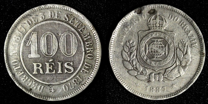 BRAZIL Pedro II Copper-Nickel 1887 100 Reis  Fine KM# 483 (28 279)