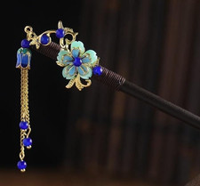 Blue Chinese Japanese Hair Stick Retro Wooden Hairpin Flower Hair Chopsticks