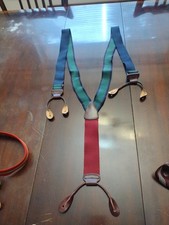 Vintage Trafalgar Green Navy Red Stripe Leather Button Suspenders Braces