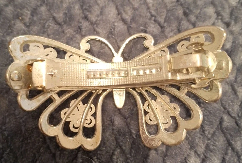 Pinza de pelo vintage plateada con estrás mariposa pasador grande 3,5 X 2" usada Foto 2 de 4