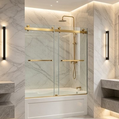 60''x 62''Frameless Tub Bathroom Door 3/8''Thickness Gold Tub Walk in Shower Door