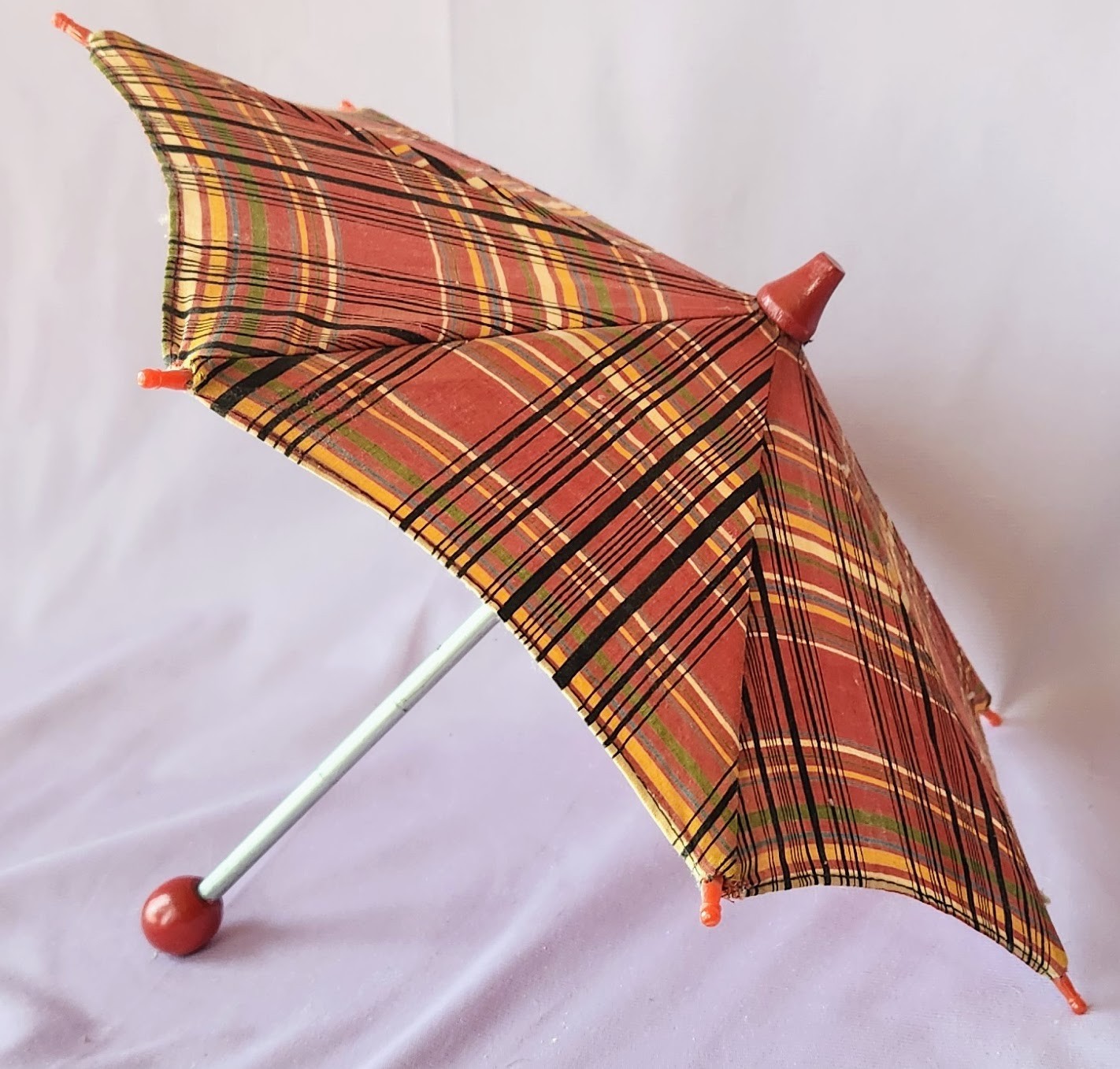 Vintage Doll Umbrella 11" Parasol Red Plaid For Large Antiqu