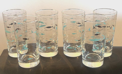 6 Vintage Libbey Retro Fish Glass Tumblers Atomic Aqua Gold 10oz  5 1/2'' T 1950s