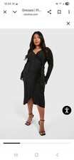Boohoo Plus Size Black Pleated Wrap Midi Dress Tie Accent V-Neck Long Sleeve