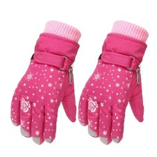 Kids Pink Ski Gloves Warm Fleece Lined Waterproof Snowboard Star Rose Pattern