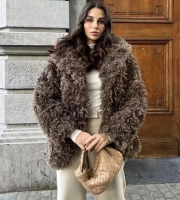 ZARA CHOCOLATE BROWN FAUX FUR SHORT COAT SIZE M REF 2969/254/717