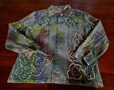 Chico's Design Vintage Artsy Embroidered Beaded Distressed Jean Jacket Sz 1 Med