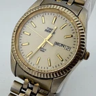 VTG Timex Indiglo Quartz Watch Men Gold Tone Fluted Bezel Day Date New Batter 8"