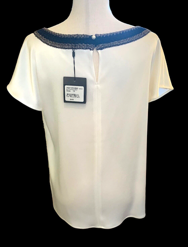 St John Sportswear Liquid Satin Woven Neck Short Sleeve Ladies M NWT Navy Gold - Picture 3 of 8